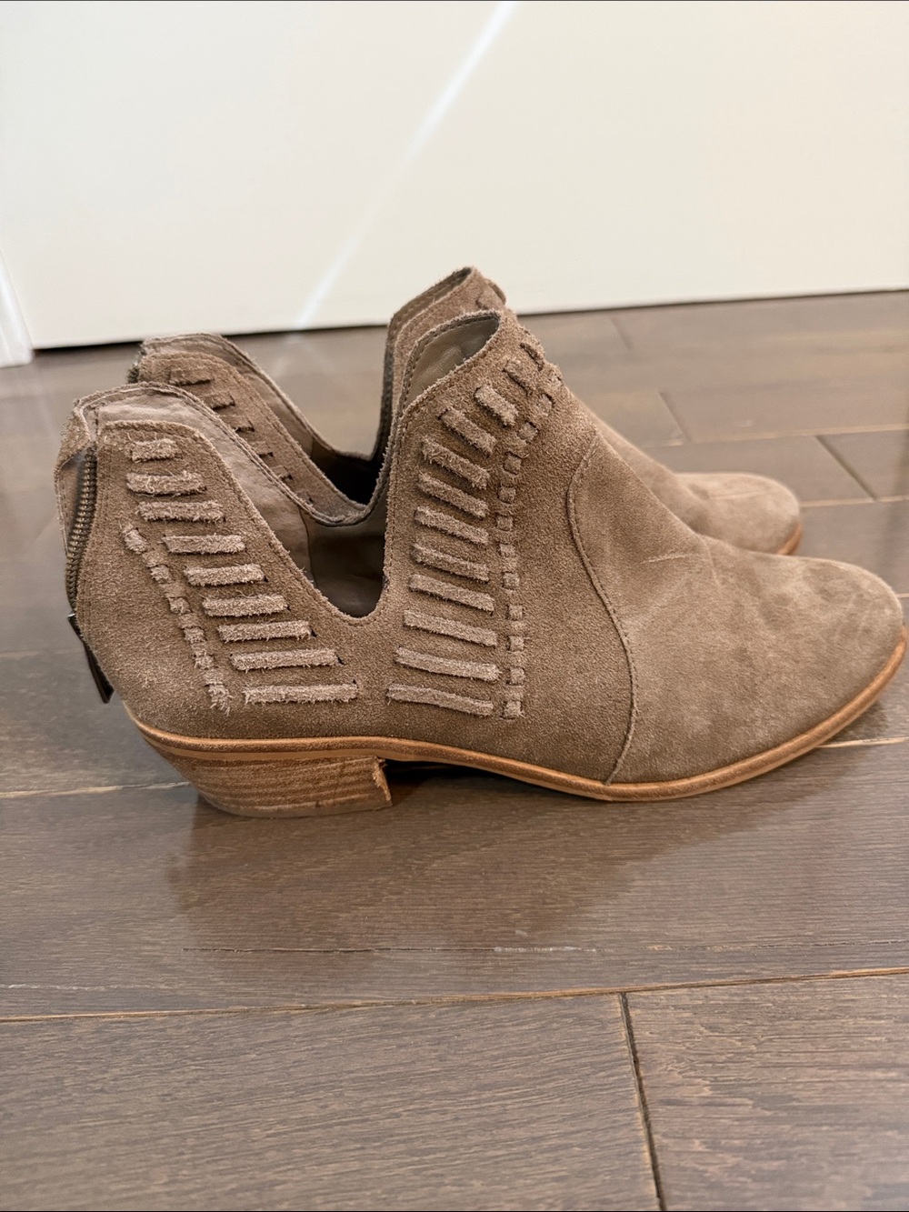 Vince Camuto Taupe Suede Cutout Ankle Booties